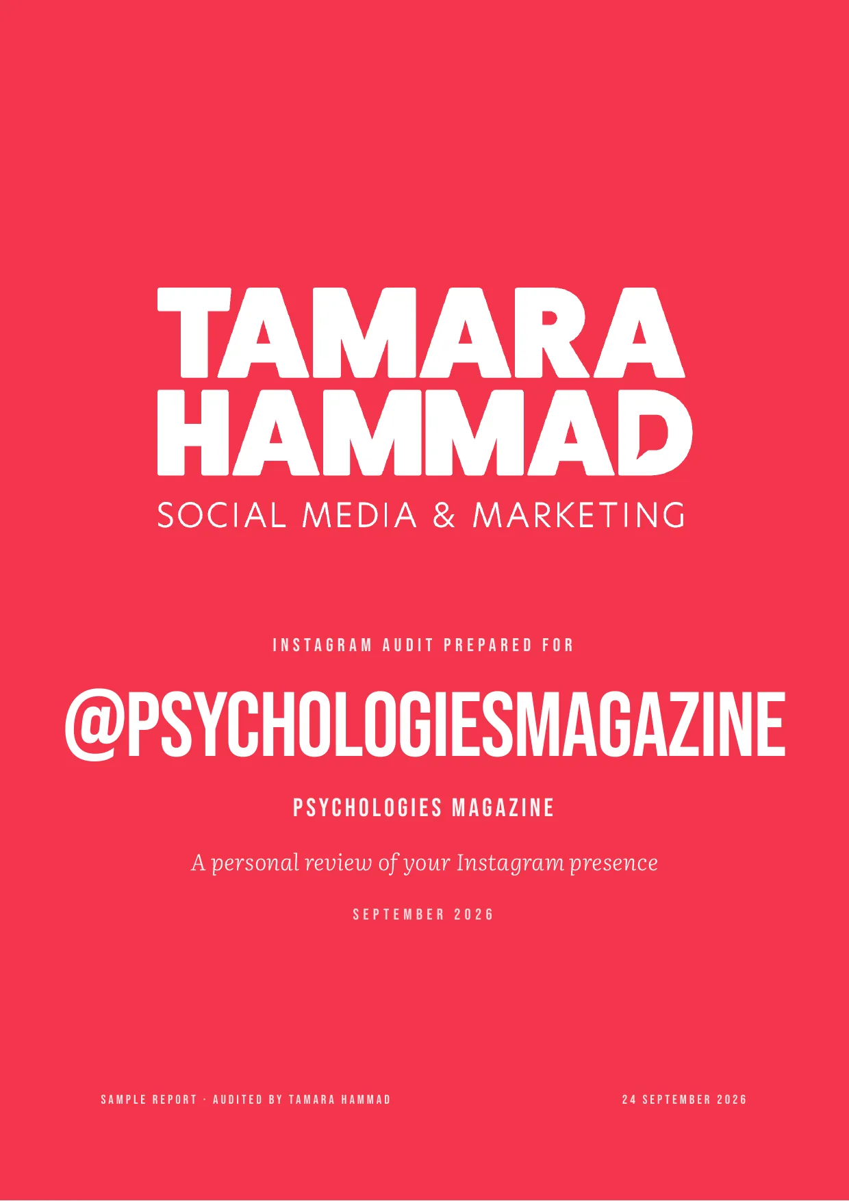 Cover page: Instagram audit prepared for @psychologiesmagazine, Psychologies Magazine, September 2026, marked sample report