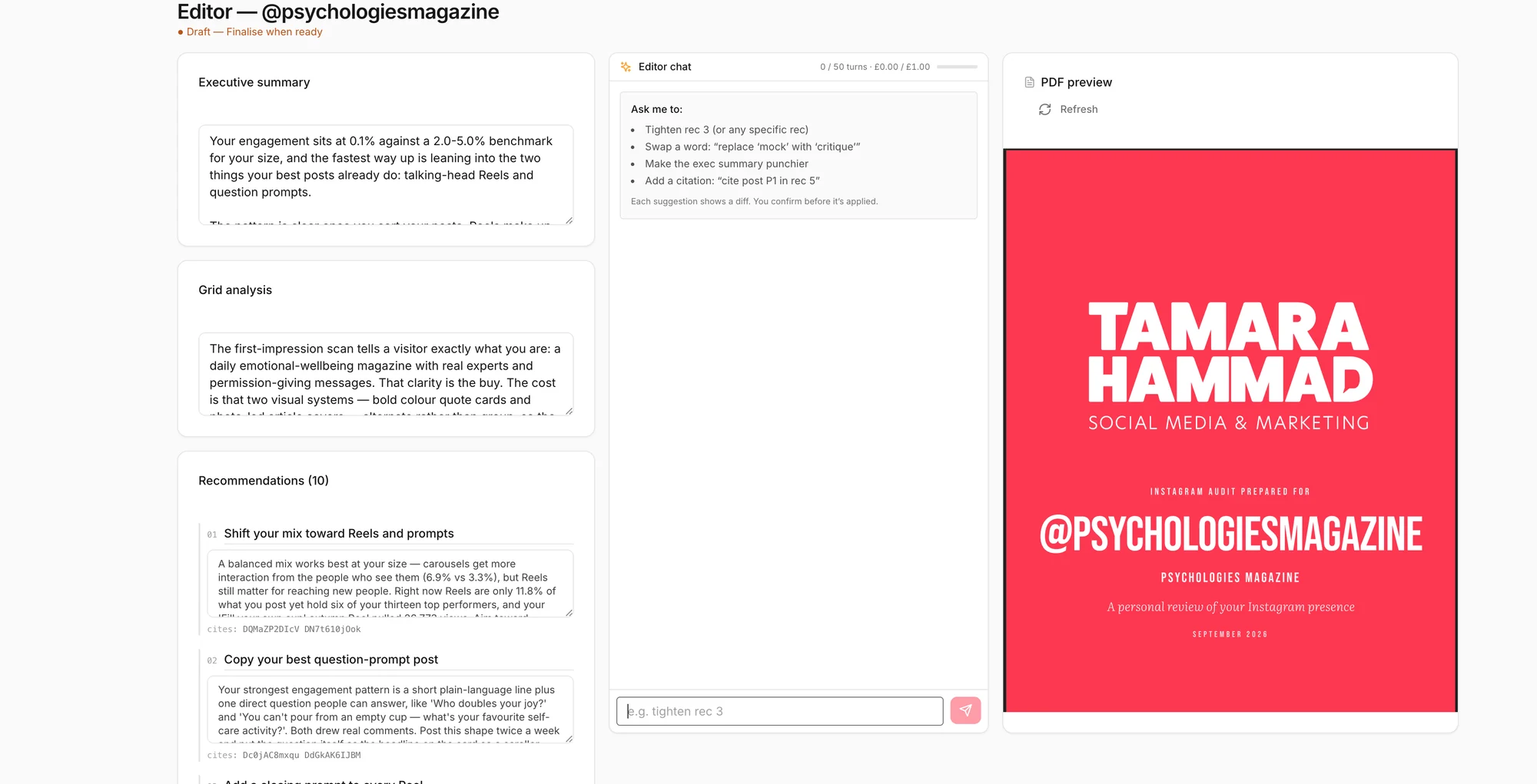 The strategist console for the @psychologiesmagazine audit: editable executive summary, grid analysis and recommendations on the left, the editor chat in the middle, and the live PDF preview with the branded cover on the right